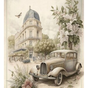 May include: A vintage car parked in front of a building with a dome roof. The car is brown and gray with white wheels. There are flowers and trees in the background.