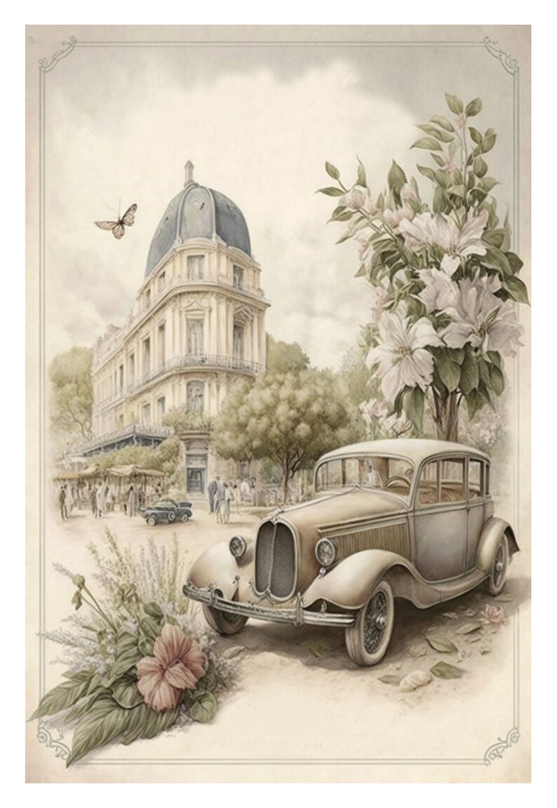 May include: A vintage car parked in front of a building with a dome roof. The car is brown and gray with white wheels. There are flowers and trees in the background.
