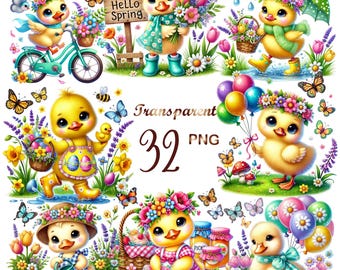 32 PNG Spring Baby Duck Clipart, Cute Duckling PNG Bundle, Hello Spring Watercolor Animals,  Instant Digital  Download, Commercial Use