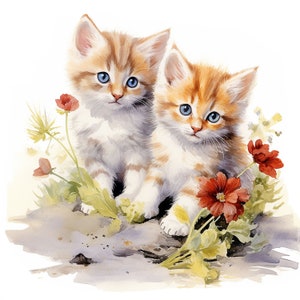 May include: A watercolour painting of two kittens with orange and white striped fur and bright blue eyes. They are positioned amongst red flowers and green foliage, set against a white backdrop. The kittens are sitting close together.