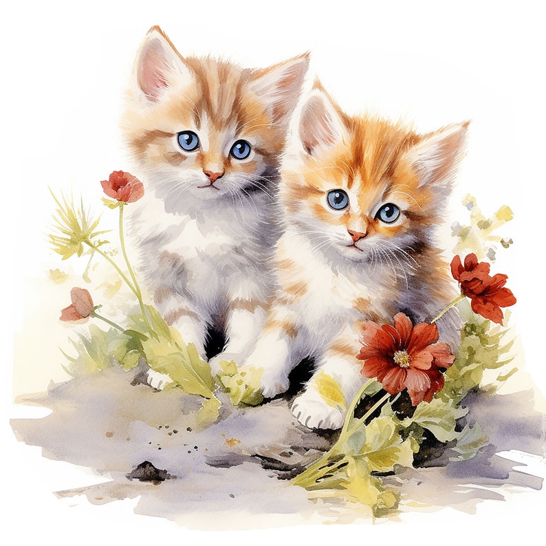 May include: A watercolour painting of two kittens with orange and white striped fur and bright blue eyes. They are positioned amongst red flowers and green foliage, set against a white backdrop. The kittens are sitting close together.