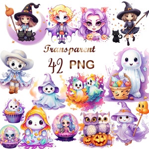 Watercolor Halloween Cute Collection Clipart, 42 PNG,  Halloween Clipart, Cute Ghost Clipart, Bat Clipart, Halloween Bundle, Commercial Use