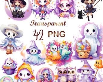 Watercolor Halloween Cute Collection Clipart, 42 PNG,  Halloween Clipart, Cute Ghost Clipart, Bat Clipart, Halloween Bundle, Commercial Use