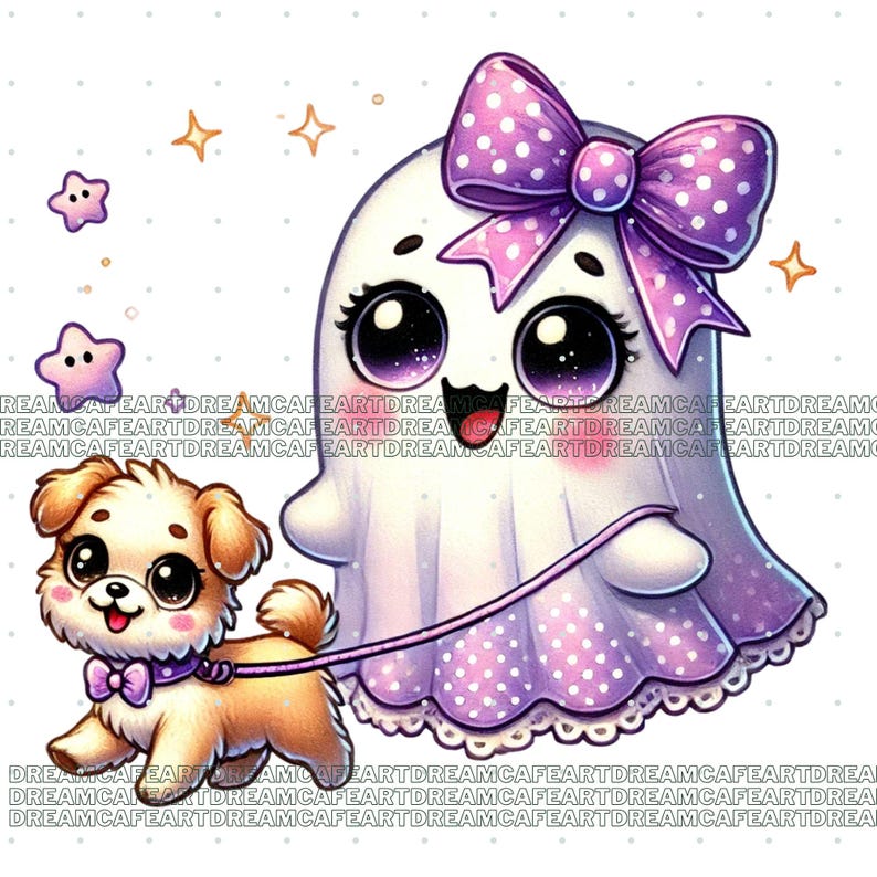 May include: A cartoon ghost wearing a purple polka dot dress and a purple bow, walking a brown and white puppy on a leash. The ghost has large eyes and a happy expression. The puppy is wearing a purple bow tie.