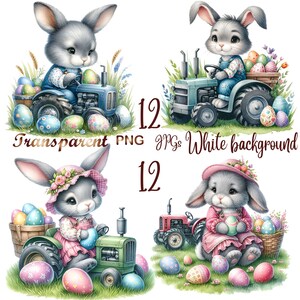May include: Four digital illustrations of gray bunnies driving tractors with Easter eggs. The bunnies are wearing overalls and dresses. The tractors are blue, green, and red. The eggs are colorful and have different patterns.