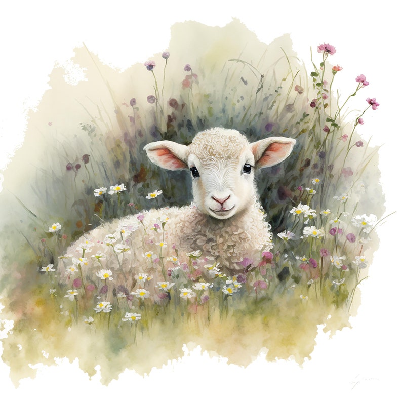 Op de afbeelding: Waterverfschilderij van een pluizig wit lam rustend in een veld met wilde bloemen. Het lam wordt omringd door witte en paarse bloemen en groen gras. Het kunstwerk heeft een zacht, pastelkleurig kleurenpalet.