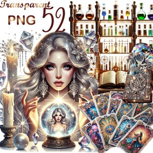 Puede incluir: Una mujer con el pelo largo y plateado que fluye mira fijamente una bola de cristal. Está rodeada de velas, cartas del tarot y otros objetos místicos. La imagen tiene un ambiente mágico y etéreo.