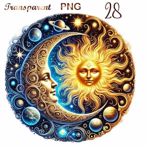 Puede incluir: Una luna creciente con un rostro humano y detalles intrincados de oro está rodeada por un sol con un rostro humano y rayos dorados. El fondo es azul oscuro con estrellas y planetas.