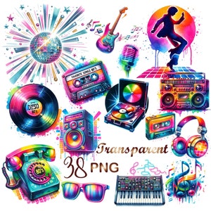 38 PNG, pacote de clipart de discoteca em aquarela, pacote de clipart retrô, clipart dos anos 80, clipart de bola de discoteca, clipart de rockstar, uso comercial