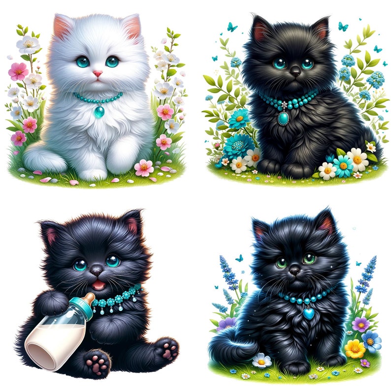 Puede incluir: Cuatro gatitos adorables, dos negros y dos blancos, est&aacute;n sentados en un campo de flores. Cada gatito lleva un collar turquesa con un dije. Los gatitos miran a la c&aacute;mara con ojos grandes y curiosos.