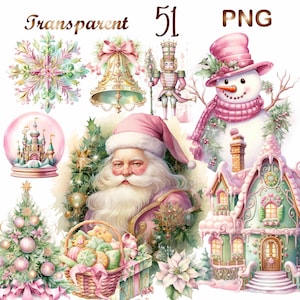 51 Pastel Christmas png, Pink is the season Christmas Clipart, Cottagecore Watercolor Winter bundle - Junk Journals Invitations Sublimation