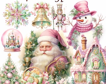 51 Pastel Pink Christmas png, Pink is the season Christmas Clipart, Cottagecore Watercolor Winter bundle - Junk Journals