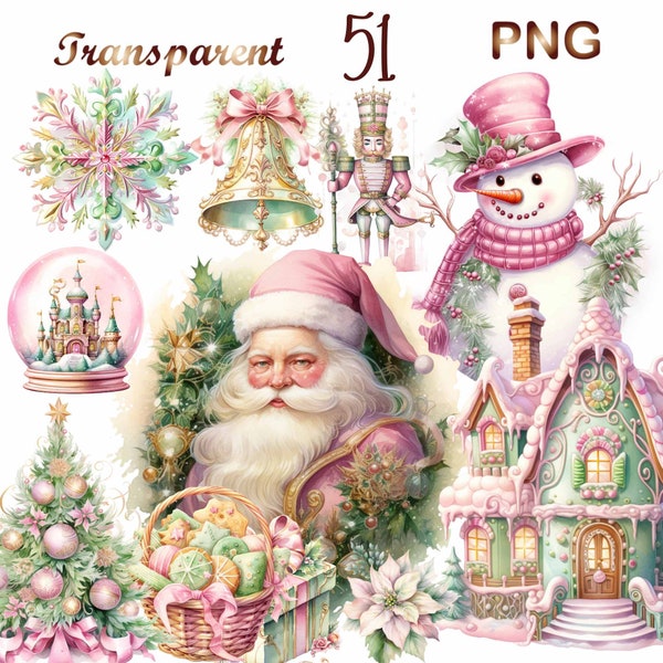 51 Christmas png, Pink is the season Christmas Png Clipart, Cottagecore Watercolor Winter bundle - Junk Journals Invitations Sublimation etc
