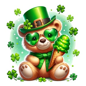 May include: A brown teddy bear wearing a green hat with a gold buckle, green heart-shaped sunglasses, and a green bow tie. The bear is holding a green ice cream cone with a waffle cone.