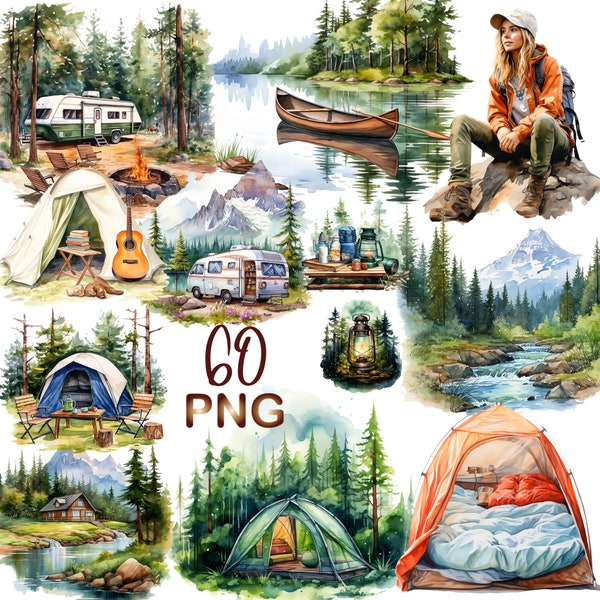 60 PNG Watercolor Camping Clipart,Tent, Campfire, Lantern, Backpack, Campsite Illustrations, Graphics, Instant Download for Commercial Use