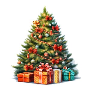 May include: A decorated Christmas tree with red bows, ornaments, and lights. Several wrapped gifts with red, orange, gold, and teal wrapping paper are at the base of the tree. The tree is on a white background.