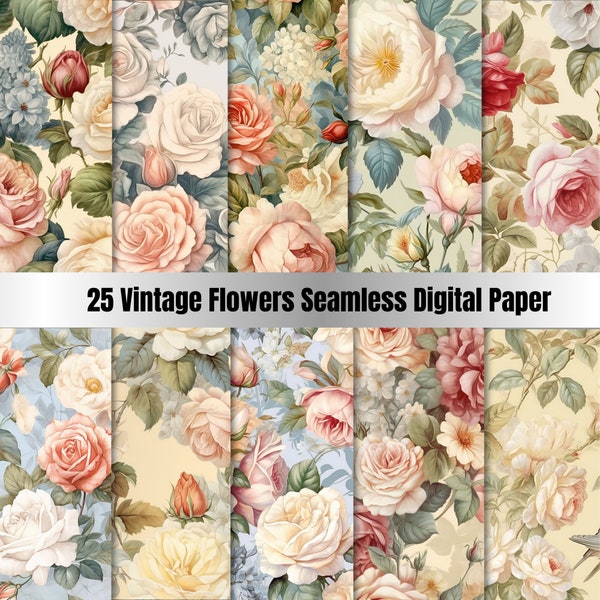 25 Vintage Flowers Seamless Digital Paper, Shabby Chic Floral Seamless Pattern,Shabby Chic Roses, Floral Collage Paper Pack,Junk Journal Kit