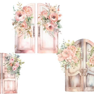 May include: Three sets of double doors decorated with pink and white flowers. The doors are made of wood and have a rustic look.