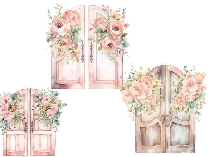 May include: Three sets of double doors decorated with pink and white flowers. The doors are made of wood and have a rustic look.