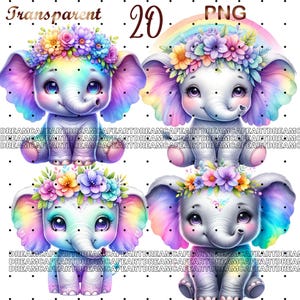 20 PNG、象のクリップアート バンドル、花の赤ちゃん象の昇華クリップアート、象の赤ちゃん、象の PNG、象のベビー シャワー、デジタル ダウンロード