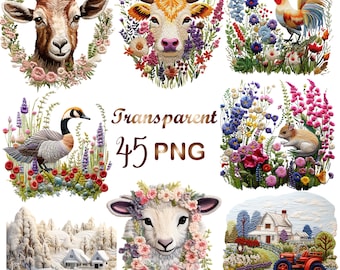 45 Embroidery Farm Clipart Png, Embroidered Farm Illustrations, PNG Transparent Background, Digital Download, Commercial Use