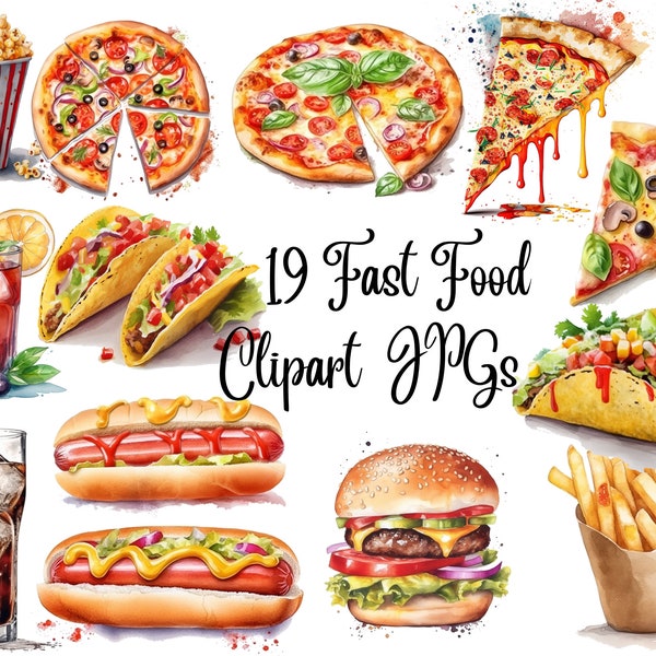 19 Watercolor Comfort Food Clipart, Food clipart,fast food clipart,fast food,JPGs, Commercial USe, Digital Download, Watercolor clipart