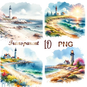 May include: Four watercolor paintings of lighthouses on a rocky coastline with blue water and a sandy beach. The lighthouses are white with red roofs and are surrounded by green trees and bushes. The sky is blue with white clouds and the sun is shining.