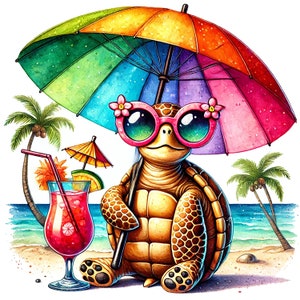 May include: A cartoon turtle wearing pink sunglasses and a rainbow umbrella sits on a beach with a tropical drink. The turtle is smiling and has a relaxed expression. The beach is sandy and there are palm trees in the background.
