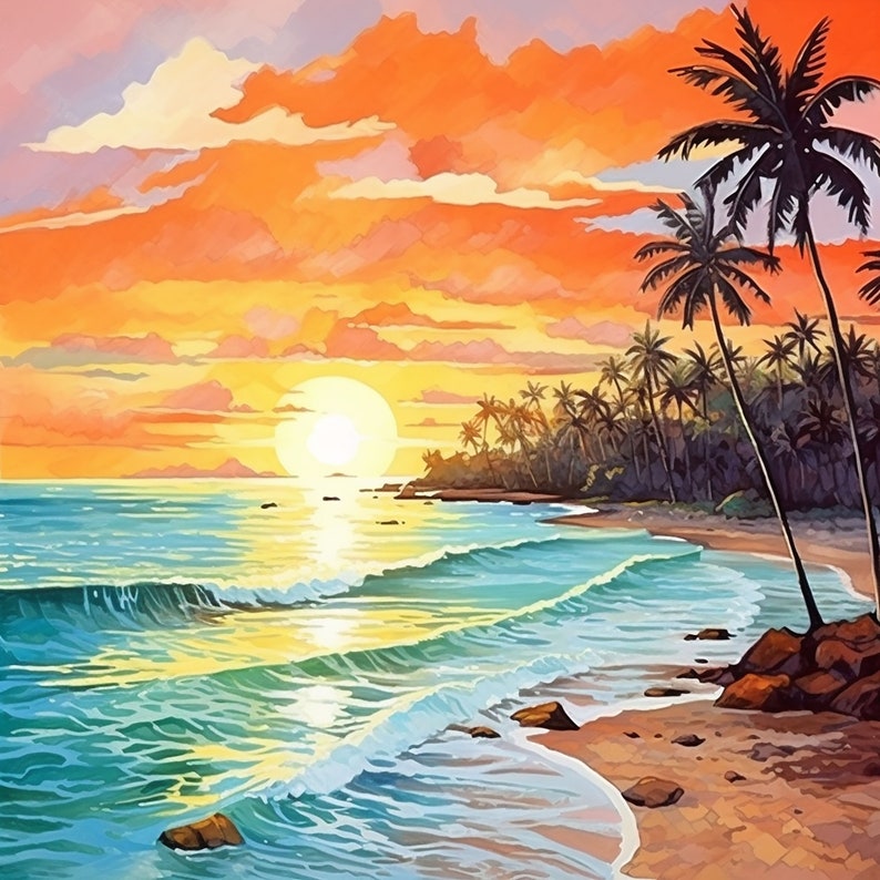 May include: A painting of a tropical beach scene with palm trees, a sunset, and waves crashing on the shore.