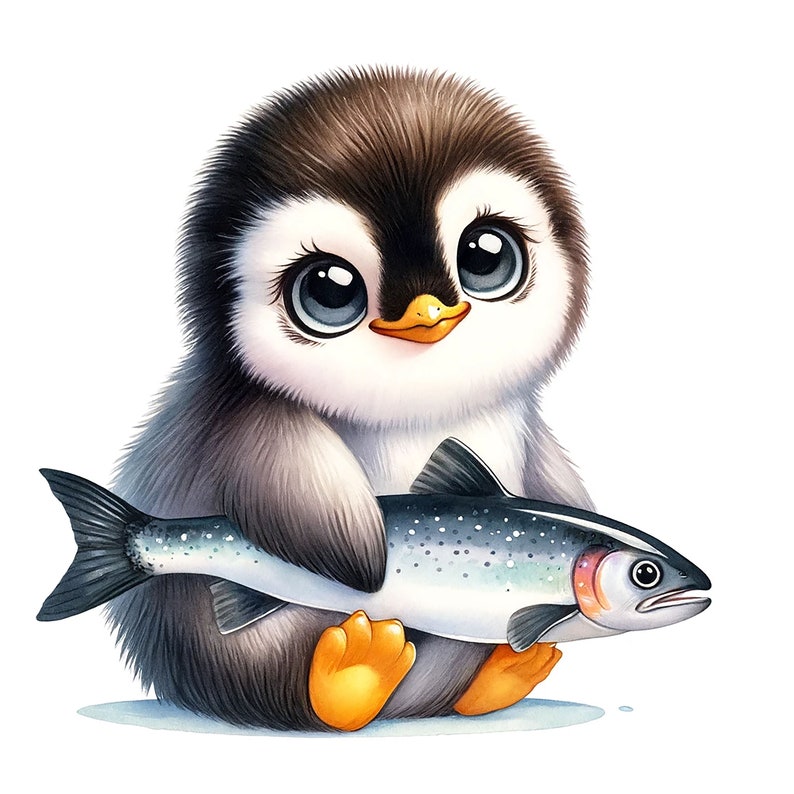 May include: A cartoon penguin with large eyes and a bright orange beak holds a silver-colored fish in its flippers.