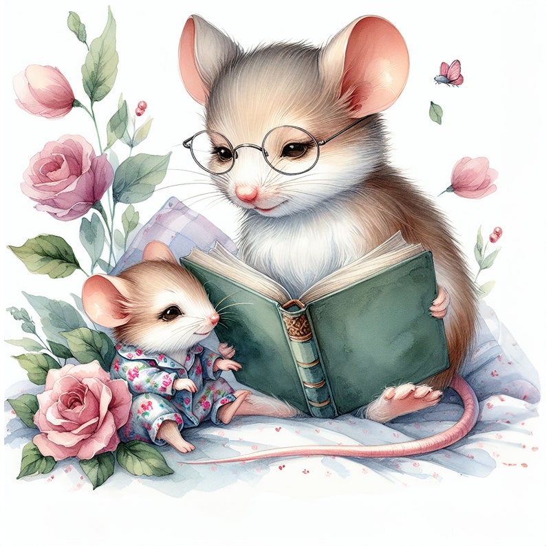 May include: Two mice, one wearing glasses, are sitting on a bed with a pink floral pattern. The mouse wearing glasses is reading a green book to the other mouse.