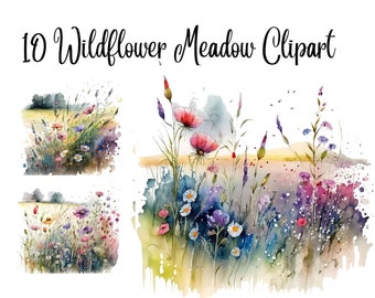 10 Wildflower Meadow Clipart, Watercolor clipart,Flowers clipart, Wildflower clipart, High Quality JPGs, Digital Download, Commercial use