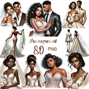 May include: Digital illustrations of couples and brides in wedding attire. The images feature various poses and styles, including a bride in a white gown and a groom in a suit. The text "Transparent 80 PNG" is also included.