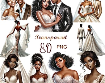 Clipart de boda negra elegante: 80 PNG de novios afro, ilustraciones de moda para bodas afro de lujo, descarga digital, uso comercial