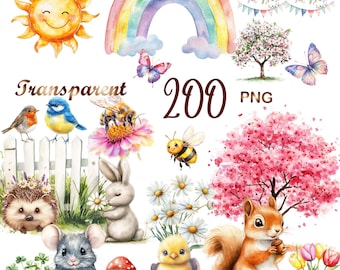 Spring Garden Clipart 200 PNG – Garden Animals, Flowers & Plants Art, Cute Botanical PNG Set, Pastel Spring Decor, Digital Download