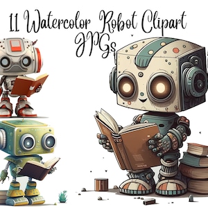 11 Watercolor Robot Clipart, Cute Robot  clipart, Robot clip art, Robot JPGs, Commercial USe, Instant download, Paper crafts, Robot Clipart