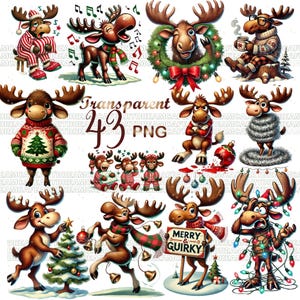 43 PNG Funny Moose Retro Christmas Clipart – Whimsical Christmas Moose Illustrations, Vintage Style, Digital Download, Commercial Use