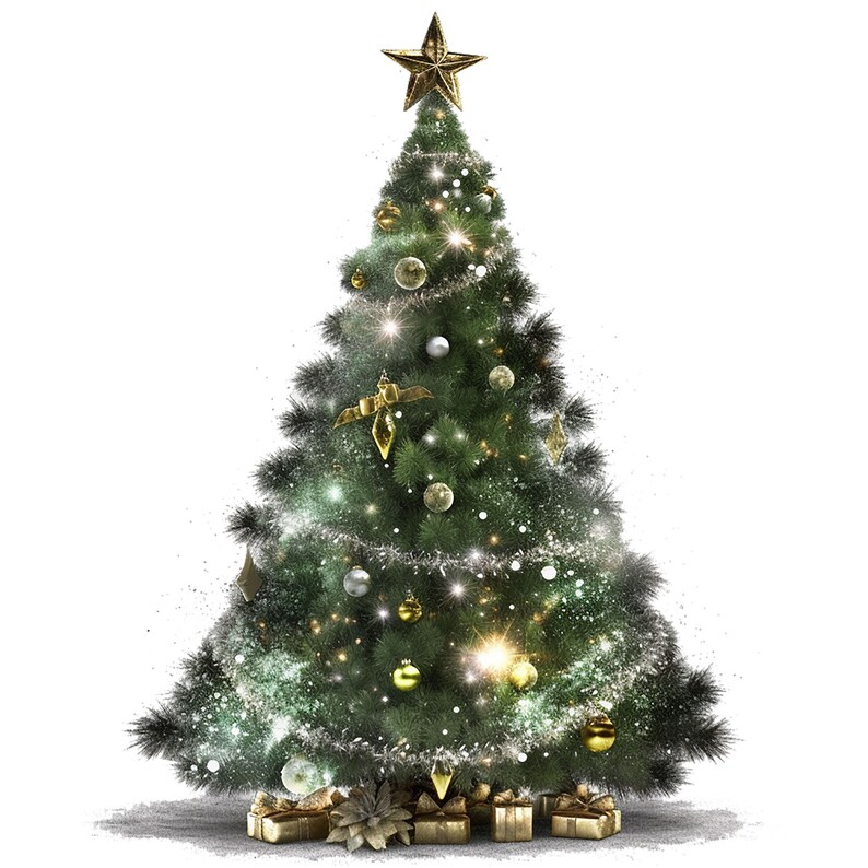 Pode incluir: Uma &aacute;rvore de Natal verde decorada com enfeites dourados e prateados, guirlandas brancas e luzes brilhantes. A &aacute;rvore &eacute; coroada com uma estrela dourada e cercada por presentes embrulhados.