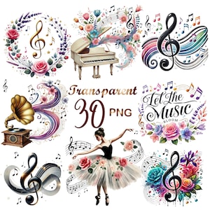 May include: A set of 30 PNG musical graphics. Features a treble clef with floral elements, a grand piano with musical notes, a gramophone, a ballerina, and the text "Let the Music Bloom".