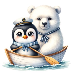 May include: A white polar bear and a penguin wearing sailor hats are in a small wooden boat with blue and white stripes. The boat is floating on blue water with white waves. The penguin is holding a wooden oar.