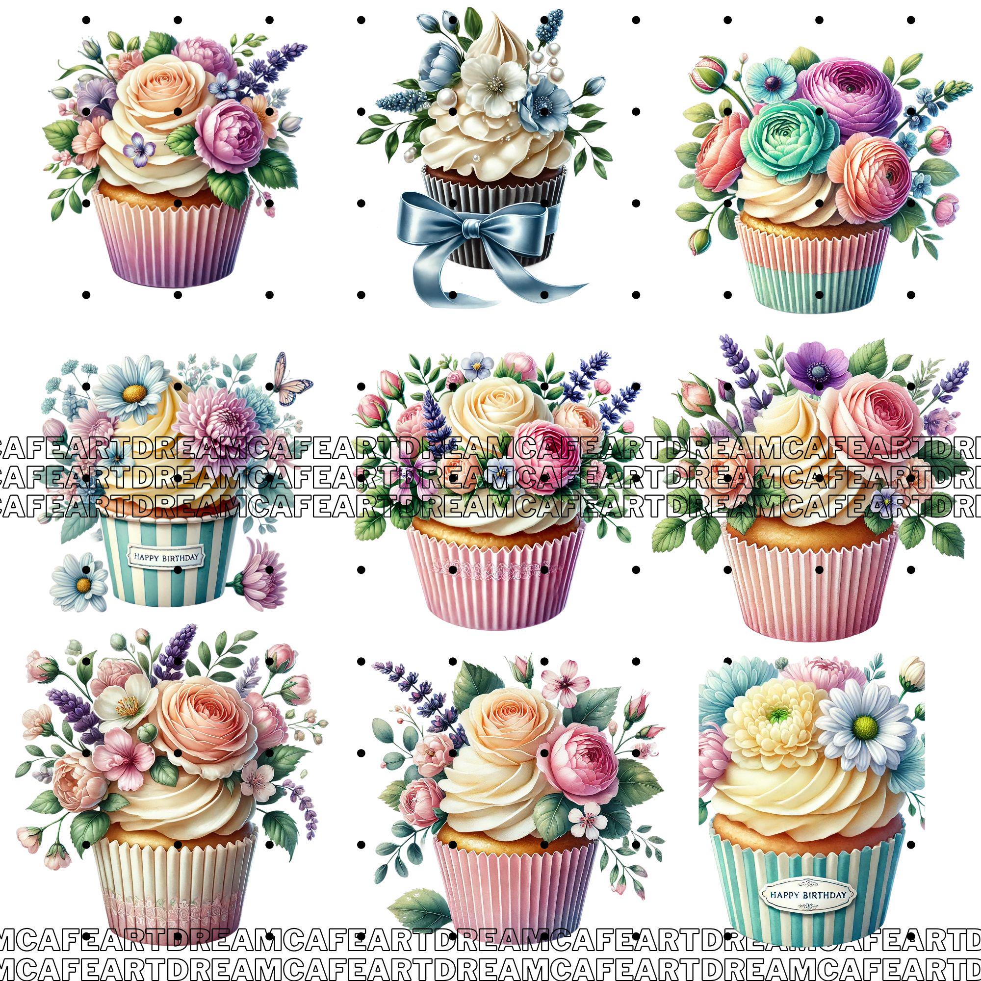 140 PNG Floral Cupcake Clipart Bundle – Watercolor Birthday Cupcakes ...