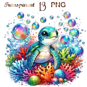 May include: A cartoon sea turtle with a green shell and blue flippers sits on a bed of colorful coral. The turtle is surrounded by iridescent bubbles and a watercolor background.
