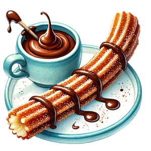 K&ouml;nnte beinhalten: Ein Teller mit einem Churro, der mit Schokoladensauce betr&auml;ufelt ist, und einer Tasse hei&szlig;er Schokolade mit Schlagsahne.