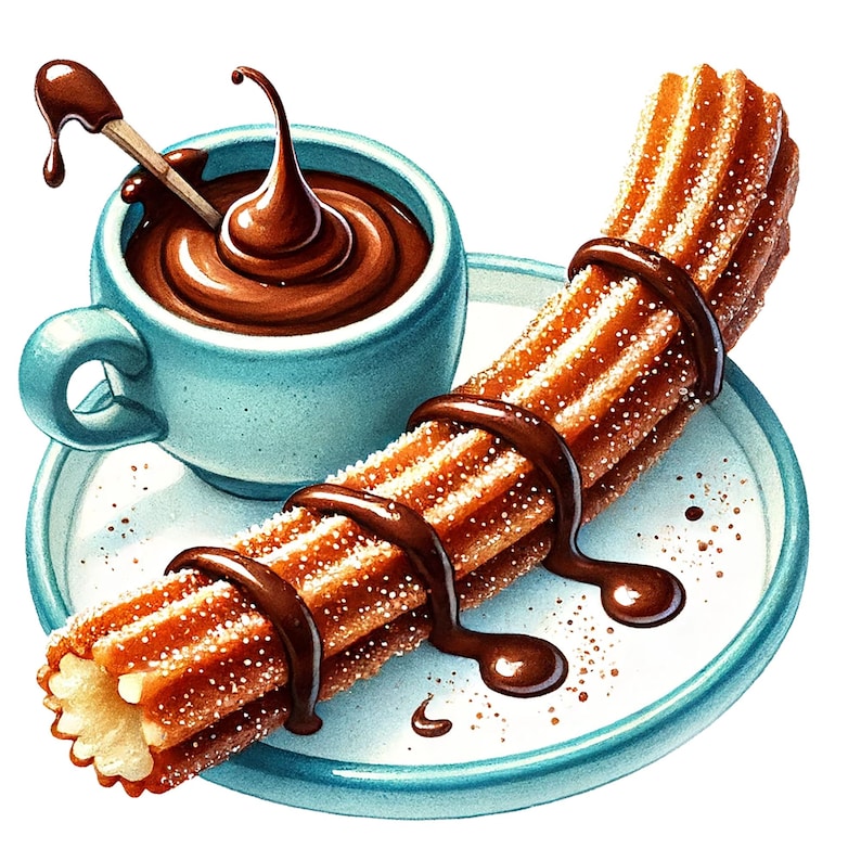 K&ouml;nnte beinhalten: Ein Teller mit einem Churro, der mit Schokoladensauce betr&auml;ufelt ist, und einer Tasse hei&szlig;er Schokolade mit Schlagsahne.