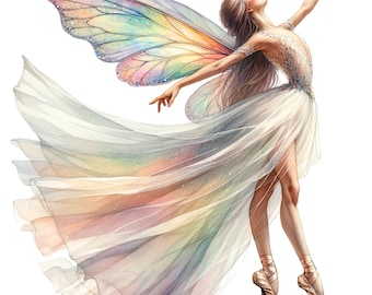 May include: A watercolour illustration of a ballerina with rainbow wings and a flowing white dress. The dancer is in a graceful pose, wearing pointe shoes. The wings and dress feature soft pastel colours, creating a dreamy, ethereal effect.