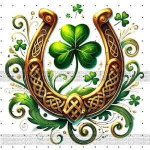 Pu&ograve; includere: Un ferro di cavallo dorato con un intricato disegno di nodi celtici, circondato da foglie di trifoglio verde e viti. Il ferro di cavallo &egrave; un simbolo di buona fortuna e prosperit&agrave;, spesso associato alla cultura irlandese.
