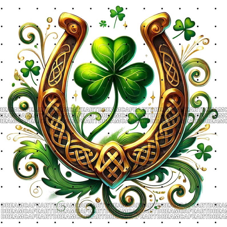 Pu&ograve; includere: Un ferro di cavallo dorato con un intricato disegno di nodi celtici, circondato da foglie di trifoglio verde e viti. Il ferro di cavallo &egrave; un simbolo di buona fortuna e prosperit&agrave;, spesso associato alla cultura irlandese.