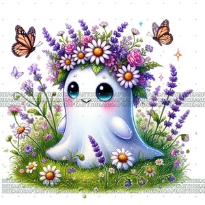 May include: A white ghost with a flower crown made of purple lavender, pink roses, and white daisies. The ghost is surrounded by a field of flowers, including lavender, daisies, and pink flowers. There are two butterflies in the image, one orange and one blue.