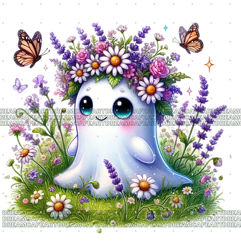 May include: A white ghost with a flower crown made of purple lavender, pink roses, and white daisies. The ghost is surrounded by a field of flowers, including lavender, daisies, and pink flowers. There are two butterflies in the image, one orange and one blue.