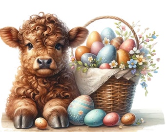 15 PNG, Watercolor Baby Highland  Cow Easter Bundle Clipart, Spring Highland Cow Illustrations Clip art, Easter Highland  Cow Sublimation